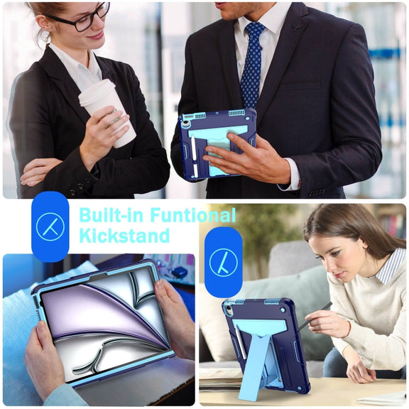 For iPad Air 11 2025 /  2024 T Holder Robot Silicone Hybrid PC Tablet Case(Navy Blue Blue)