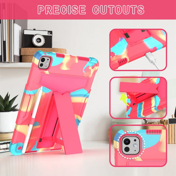 For iPad Pro 11 2024 T Holder Robot Silicone Hybrid PC Tablet Case(Camouflage Rose Red)