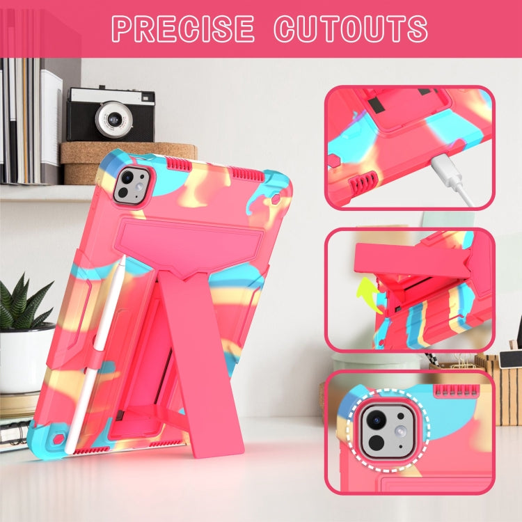 For iPad Pro 11 2024 T Holder Robot Silicone Hybrid PC Tablet Case(Camouflage Rose Red)