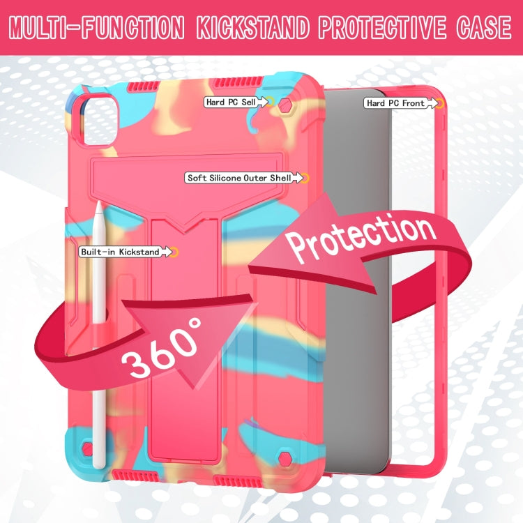 For iPad Pro 11 2024 T Holder Robot Silicone Hybrid PC Tablet Case(Camouflage Rose Red)