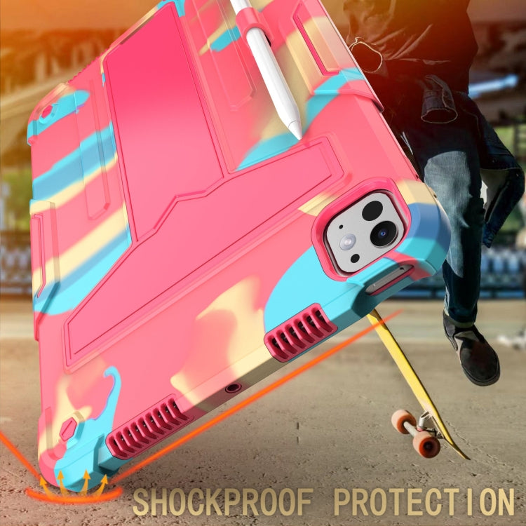For iPad Pro 11 2024 T Holder Robot Silicone Hybrid PC Tablet Case(Camouflage Rose Red)