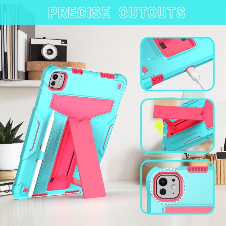 For iPad Pro 11 2024 T Holder Robot Silicone Hybrid PC Tablet Case(Mint Rose Red)