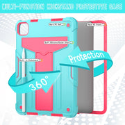 For iPad Pro 11 2024 T Holder Robot Silicone Hybrid PC Tablet Case(Mint Rose Red)