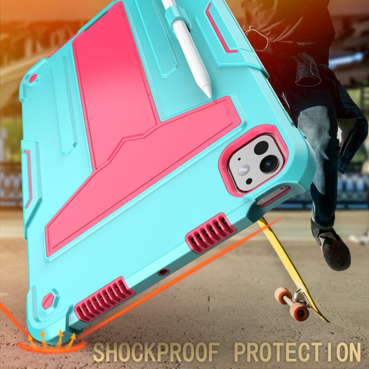 For iPad Pro 11 2024 T Holder Robot Silicone Hybrid PC Tablet Case(Mint Rose Red)