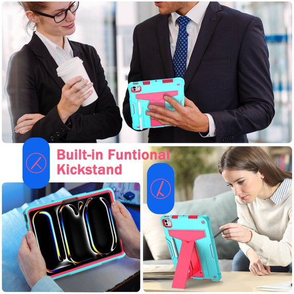 For iPad Pro 11 2024 T Holder Robot Silicone Hybrid PC Tablet Case(Mint Rose Red)