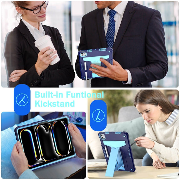 For iPad Pro 11 2024 T Holder Robot Silicone Hybrid PC Tablet Case(Navy Blue Blue)