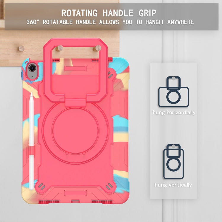 For iPad Air 11 2024 Handle Grip Holder Silicone Hybrid PC Tablet Case with Strap(Camouflage Rose Red)