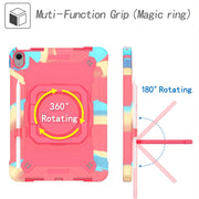 For iPad Air 11 2024 Handle Grip Holder Silicone Hybrid PC Tablet Case with Strap(Camouflage Rose Red)