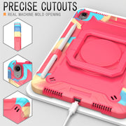 For iPad Air 11 2024 Handle Grip Holder Silicone Hybrid PC Tablet Case with Strap(Camouflage Rose Red)