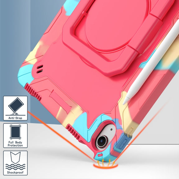 For iPad Air 11 2024 Handle Grip Holder Silicone Hybrid PC Tablet Case with Strap(Camouflage Rose Red)