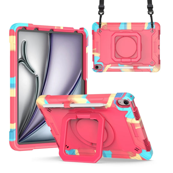 For iPad Air 11 2024 Handle Grip Holder Silicone Hybrid PC Tablet Case with Strap(Camouflage Rose Red)