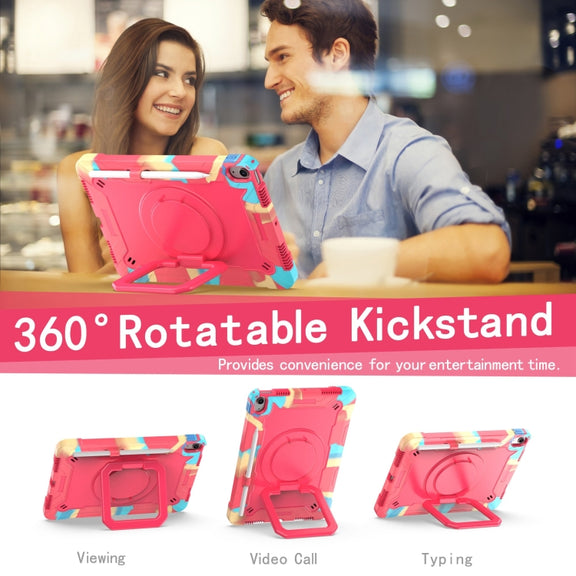 For iPad Air 11 2024 Handle Grip Holder Silicone Hybrid PC Tablet Case with Strap(Camouflage Rose Red)