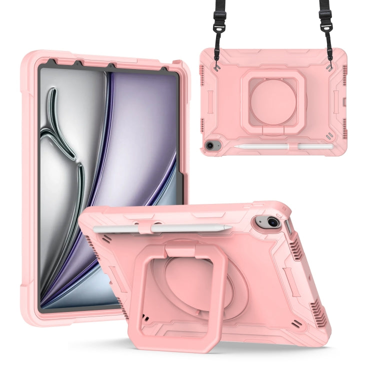 For iPad Air 11 2025 / 2024 Handle Grip Holder Silicone Hybrid PC Tablet Case with Strap(Rose Gold)