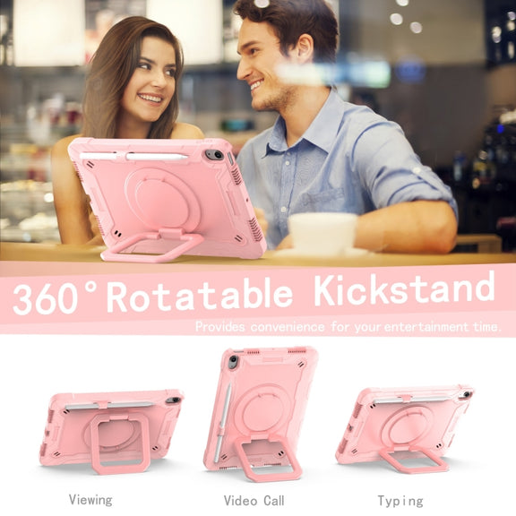For iPad Air 11 2025 / 2024 Handle Grip Holder Silicone Hybrid PC Tablet Case with Strap(Rose Gold)
