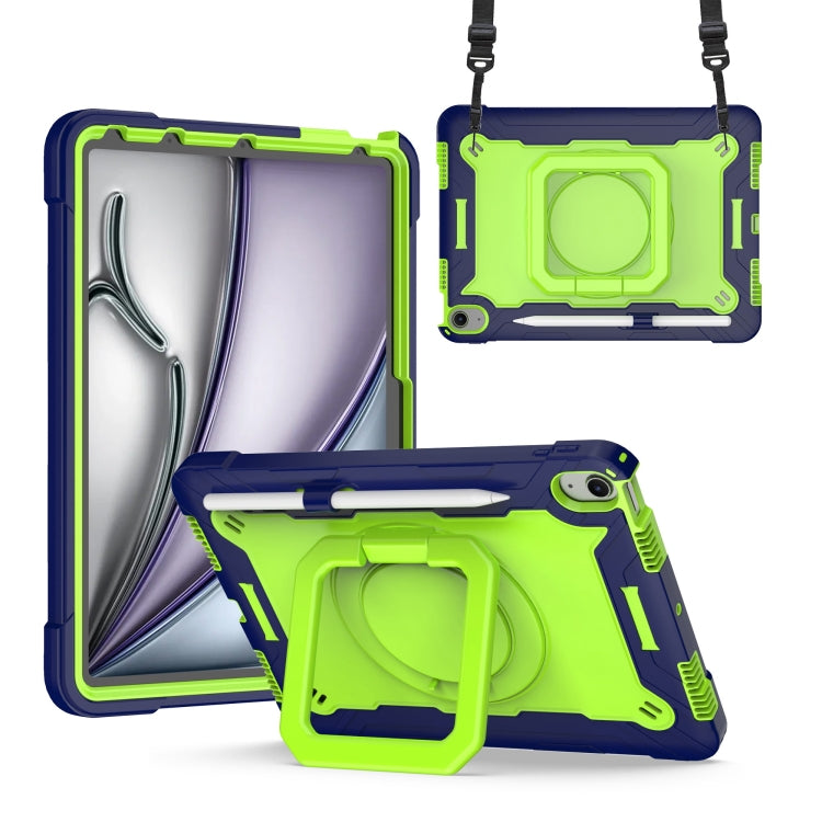 For iPad Air 11 2025 / 2024 Handle Grip Holder Silicone Hybrid PC Tablet Case with Strap(Navy Yellow Green)