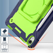 For iPad Air 11 2025 / 2024 Handle Grip Holder Silicone Hybrid PC Tablet Case with Strap(Navy Yellow Green)