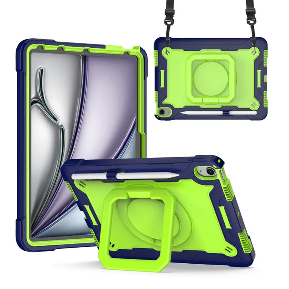 For iPad Air 11 2025 / 2024 Handle Grip Holder Silicone Hybrid PC Tablet Case with Strap(Navy Yellow Green)