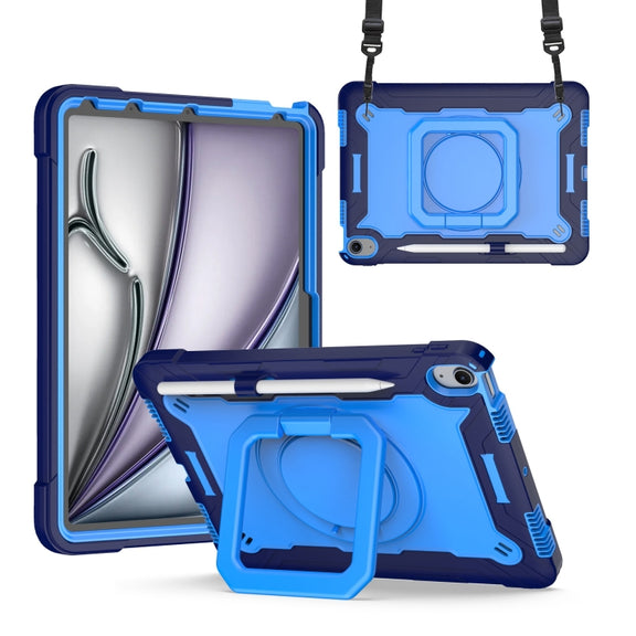 For iPad Air 11 2025 / 2024 Handle Grip Holder Silicone Hybrid PC Tablet Case with Strap(Navy Blue Blue)