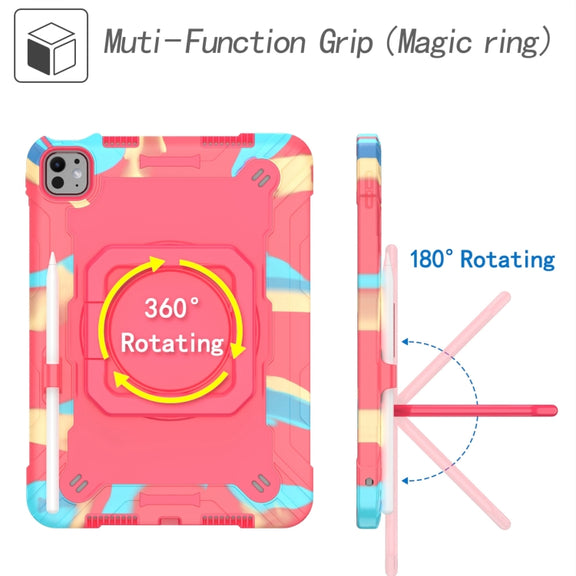 For iPad Pro 11 2024 Handle Grip Holder Silicone Hybrid PC Tablet Case with Strap(Camouflage Rose Red)