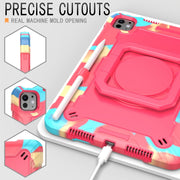 For iPad Pro 11 2024 Handle Grip Holder Silicone Hybrid PC Tablet Case with Strap(Camouflage Rose Red)