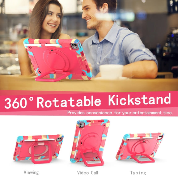 For iPad Pro 11 2024 Handle Grip Holder Silicone Hybrid PC Tablet Case with Strap(Camouflage Rose Red)