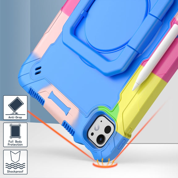 For iPad Pro 11 2024 Handle Grip Holder Silicone Hybrid PC Tablet Case with Strap(Camouflage Blue)