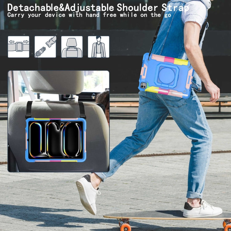 For iPad Pro 11 2024 Handle Grip Holder Silicone Hybrid PC Tablet Case with Strap(Camouflage Blue)