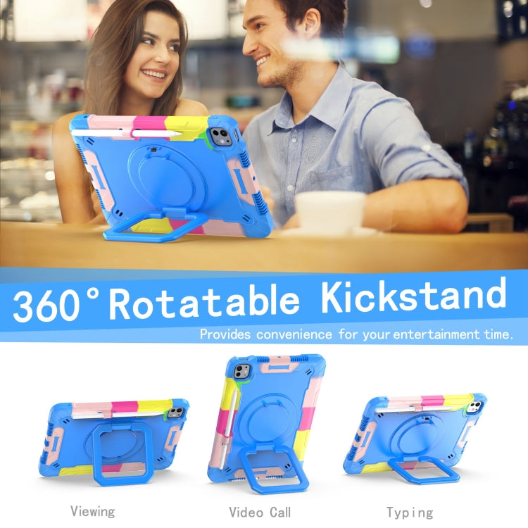 For iPad Pro 11 2024 Handle Grip Holder Silicone Hybrid PC Tablet Case with Strap(Camouflage Blue)