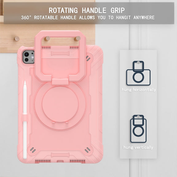 For iPad Pro 11 2024 Handle Grip Holder Silicone Hybrid PC Tablet Case with Strap(Rose Gold)