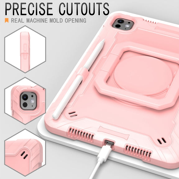 For iPad Pro 11 2024 Handle Grip Holder Silicone Hybrid PC Tablet Case with Strap(Rose Gold)