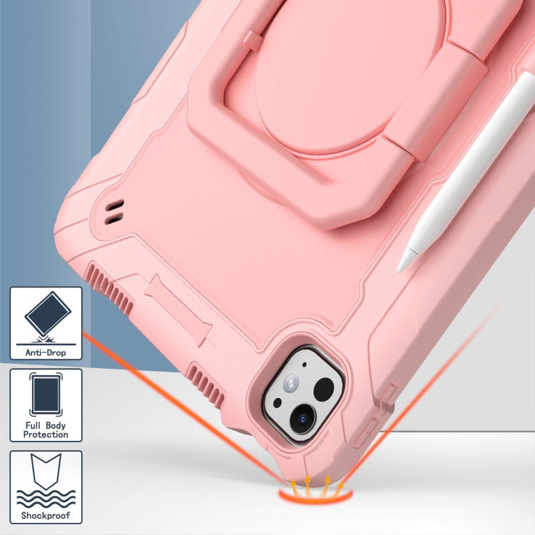 For iPad Pro 11 2024 Handle Grip Holder Silicone Hybrid PC Tablet Case with Strap(Rose Gold)