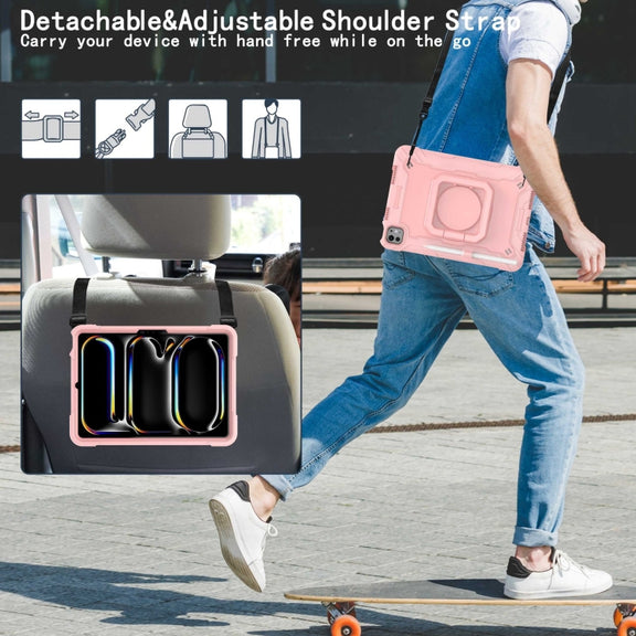 For iPad Pro 11 2024 Handle Grip Holder Silicone Hybrid PC Tablet Case with Strap(Rose Gold)