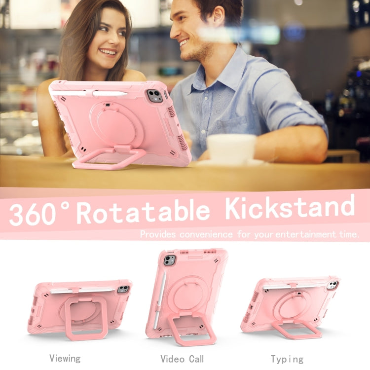 For iPad Pro 11 2024 Handle Grip Holder Silicone Hybrid PC Tablet Case with Strap(Rose Gold)