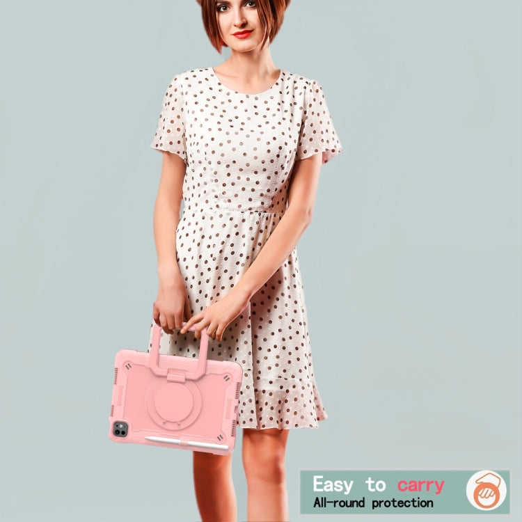 For iPad Pro 11 2024 Handle Grip Holder Silicone Hybrid PC Tablet Case with Strap(Rose Gold)