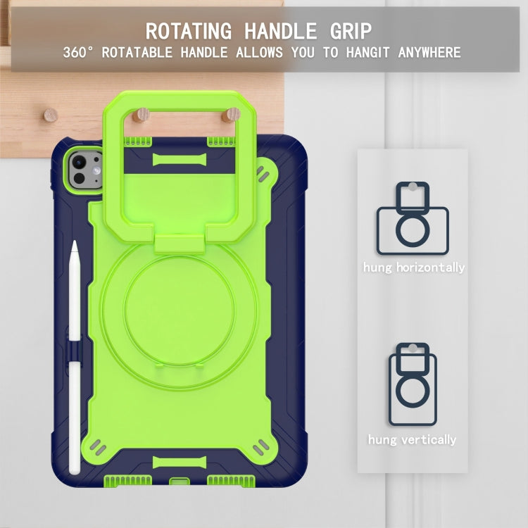 For iPad Pro 11 2024 Handle Grip Holder Silicone Hybrid PC Tablet Case with Strap(Navy Yellow Green)