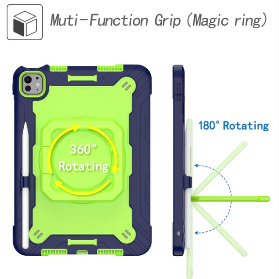 For iPad Pro 11 2024 Handle Grip Holder Silicone Hybrid PC Tablet Case with Strap(Navy Yellow Green)