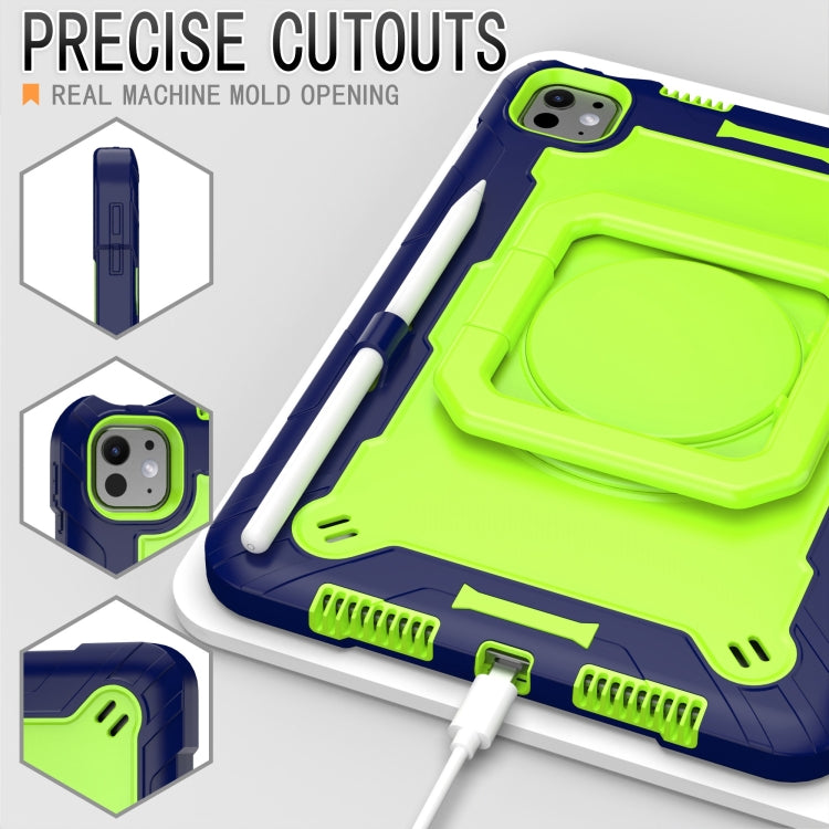 For iPad Pro 11 2024 Handle Grip Holder Silicone Hybrid PC Tablet Case with Strap(Navy Yellow Green)