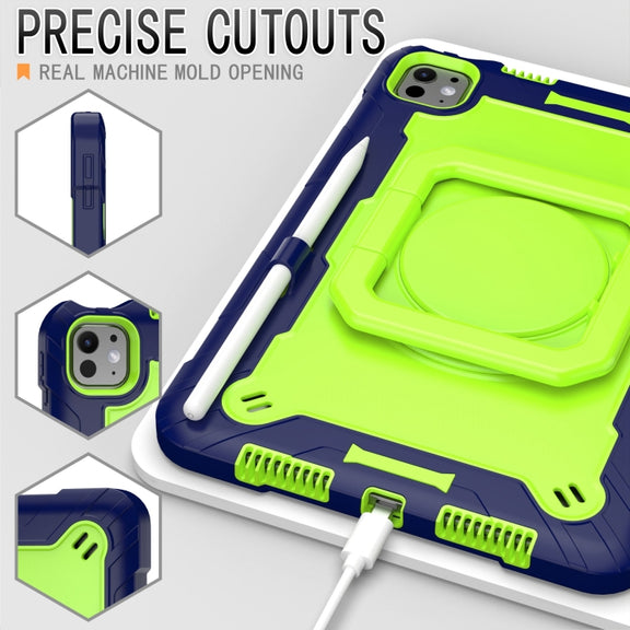 For iPad Pro 11 2024 Handle Grip Holder Silicone Hybrid PC Tablet Case with Strap(Navy Yellow Green)