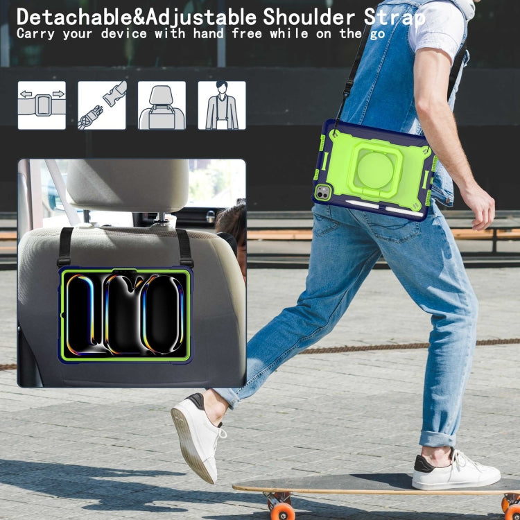 For iPad Pro 11 2024 Handle Grip Holder Silicone Hybrid PC Tablet Case with Strap(Navy Yellow Green)
