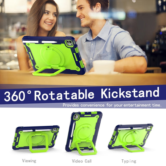 For iPad Pro 11 2024 Handle Grip Holder Silicone Hybrid PC Tablet Case with Strap(Navy Yellow Green)
