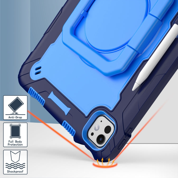 For iPad Pro 11 2024 Handle Grip Holder Silicone Hybrid PC Tablet Case with Strap(Navy Blue Blue)