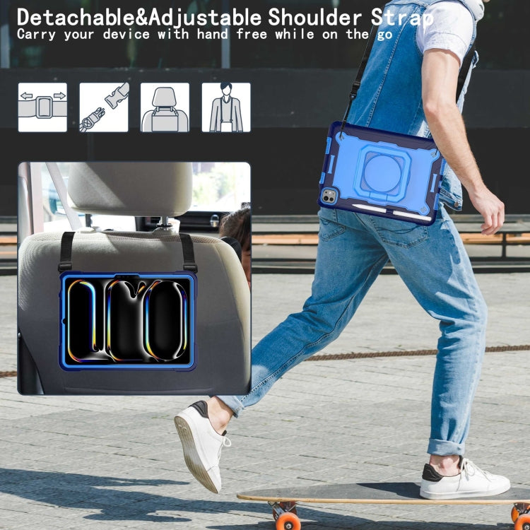 For iPad Pro 11 2024 Handle Grip Holder Silicone Hybrid PC Tablet Case with Strap(Navy Blue Blue)