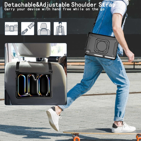For iPad Pro 11 2024 Handle Grip Holder Silicone Hybrid PC Tablet Case with Strap(Black)