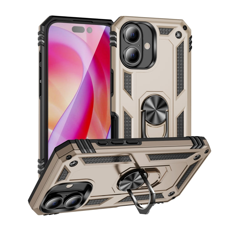 For iPhone 16 Shockproof TPU Hybrid PC Phone Case with Holder(Gold)