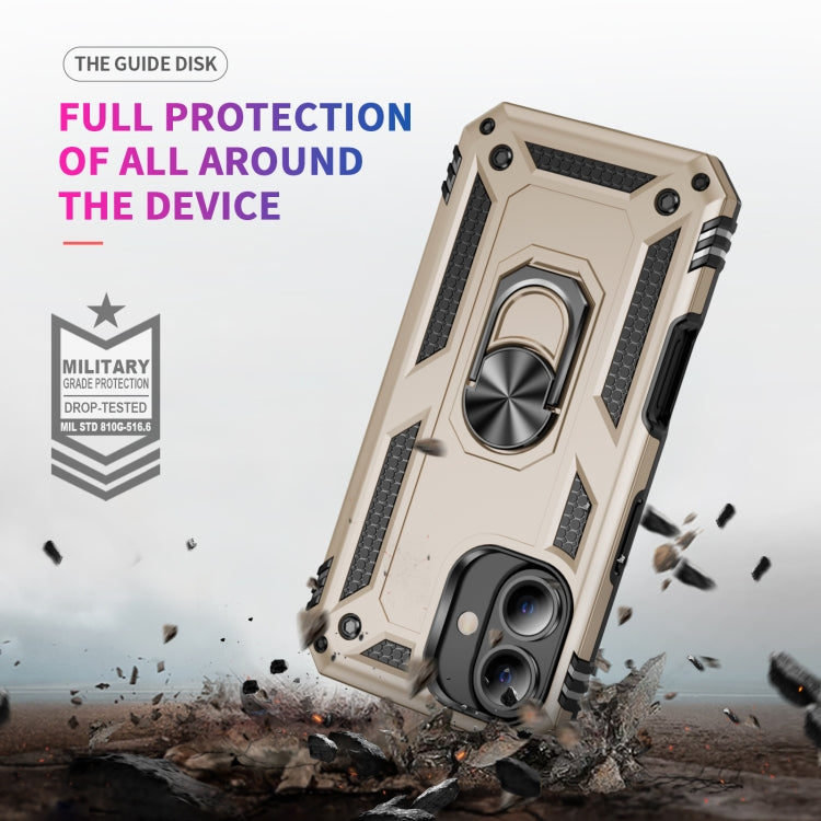 For iPhone 16 Shockproof TPU Hybrid PC Phone Case with Holder(Gold)