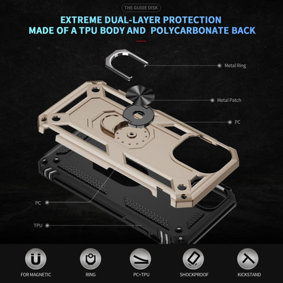 For iPhone 16 Shockproof TPU Hybrid PC Phone Case with Holder(Gold)