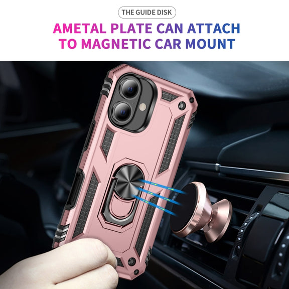 For iPhone 16 Shockproof TPU Hybrid PC Phone Case with Holder(Rose Gold)