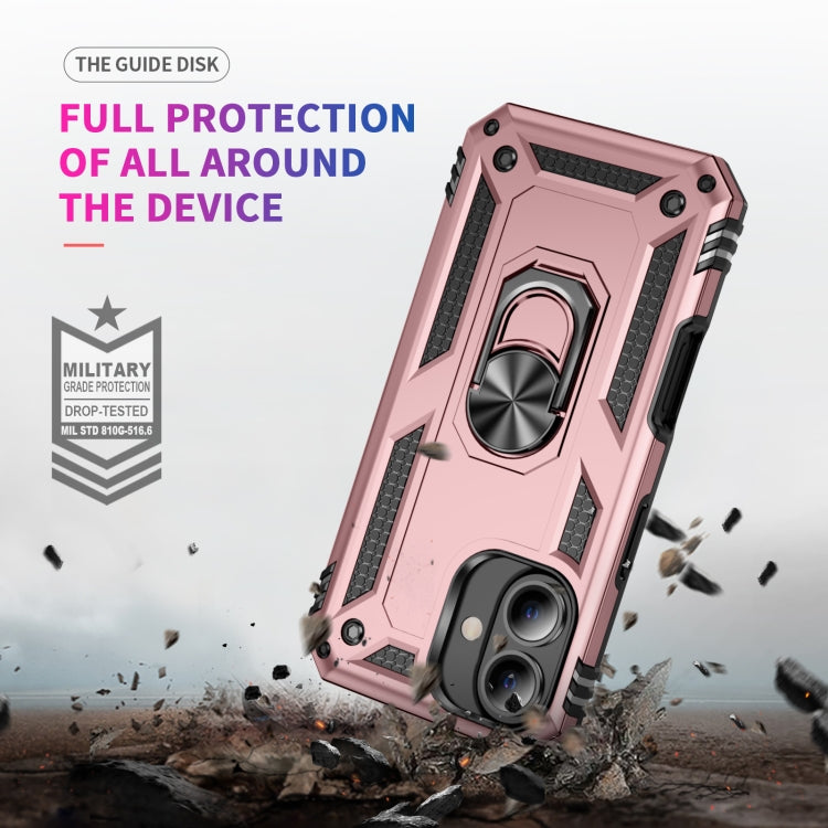 For iPhone 16 Shockproof TPU Hybrid PC Phone Case with Holder(Rose Gold)