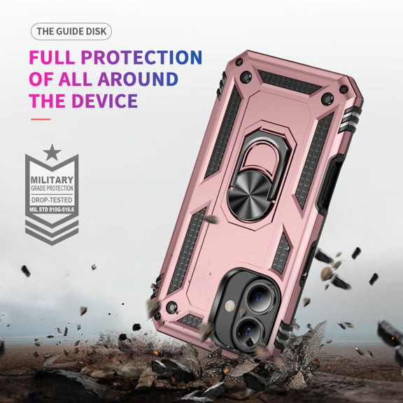 For iPhone 16 Shockproof TPU Hybrid PC Phone Case with Holder(Rose Gold)