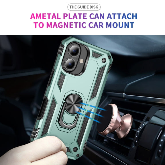For iPhone 16 Shockproof TPU Hybrid PC Phone Case with Holder(Dark Green)